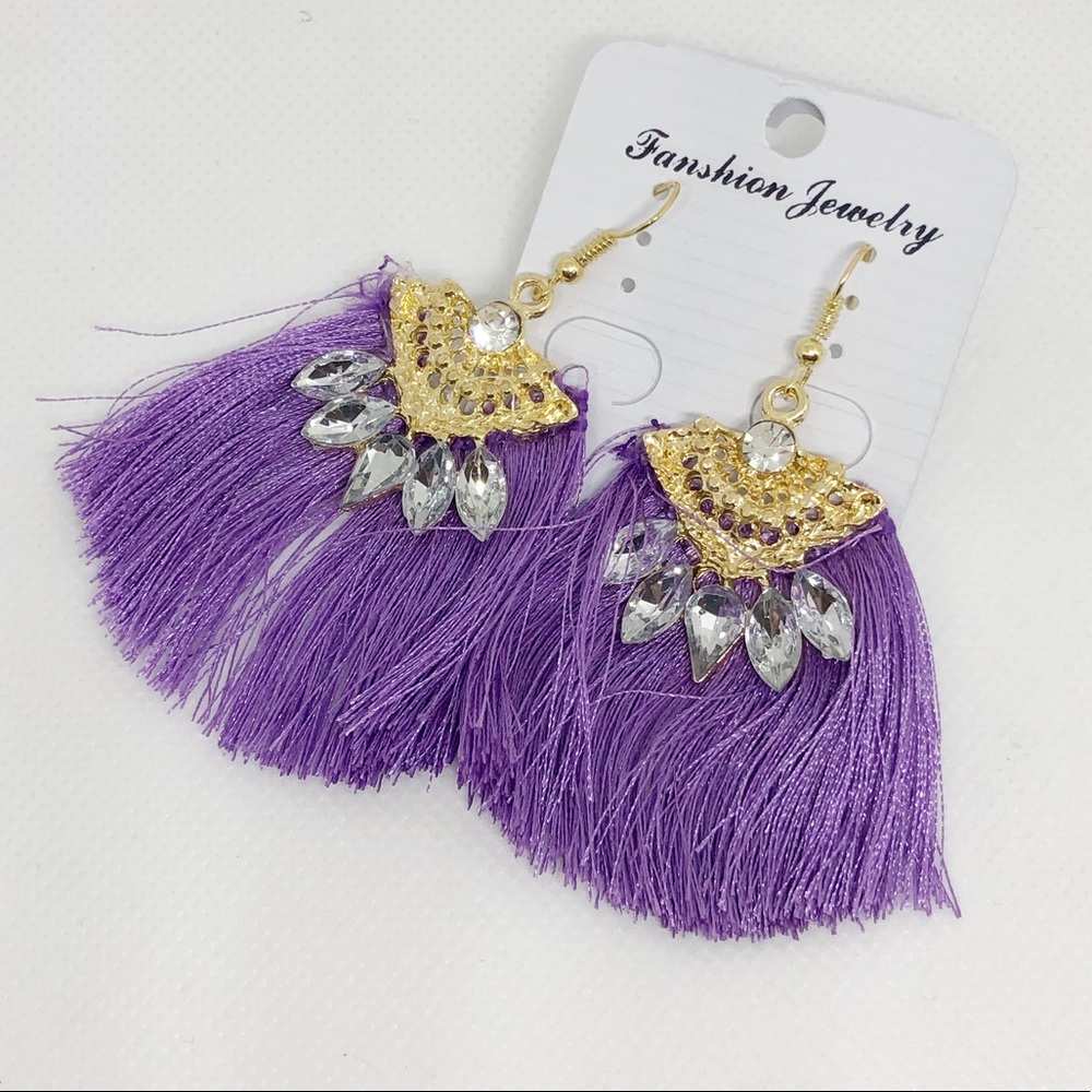 Purple Tassel & Rhinestone Earrings